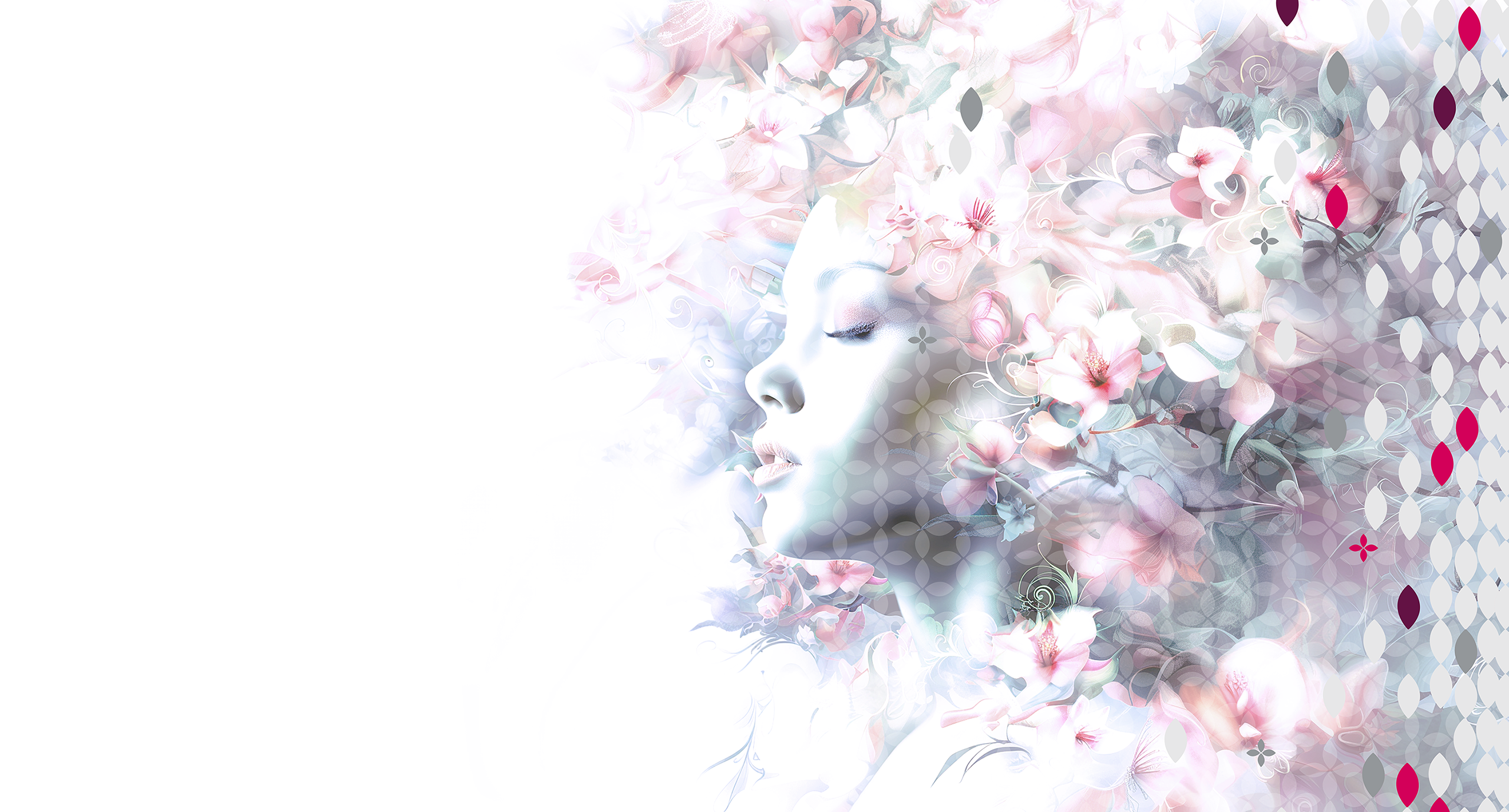 The image represents "mother nature". It displays a young adult woman towards the middle of the screen. She is made up of blush pink, blue, white and soft gray colors. From the center, where the womans face is shown, proceeding to the right side of the page, what would be her hair is made of flowers and wispy petal-like designs that include ariessence's "Power Petal" logo
